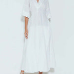 A-Line High Waisted Pleated Solid Color V-Neck Maxi Dresses Shirt Dress