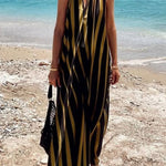 Striped Print V-Neck Loose Beach Vacation Maxi Dress