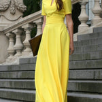 Half Sleeves High Waisted Solid Color Tied Waist V-Neck Maxi Dresses