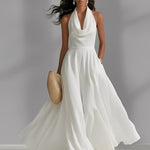 Women's Ivory Textured Dress With Sleeveless Silhouette & Cowl Neck, Modern Effortless-Elegant Style Dress