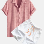 Knitted Geometric Textured Cuban Shirt & Man Mid Length Drawstring Swim Shorts