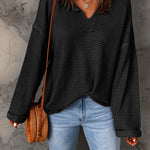 Dusk Blue Waffle Split V Neck Drop Shoulder Long Sleeve Top