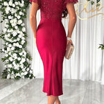 Dreamy Luxury Lace and Satin Patchwork Ruffle Sleeve Ruched Midi Dress