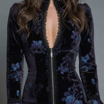 Vintage Floral Lace-trimmed Slim-fit Polyester Velvet Mini Dress