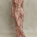 Elegant Holiday Floral Print Keyhole Neckline Chiffon Maxi Dress