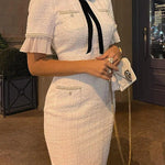 Elegant Plisse Tweed Pearl Trim Velvet Bow Design Formal Midi Dress
