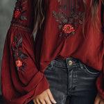 Vintage Red Embroidered Lantern Sleeve Boho Blouse