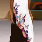 A-Line Loose Butterfly Print Round-Neck Maxi Dresses