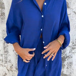 Solid Color Casual Lapel Long Shirt and Elastic Waist Loose Pocket Shorts Set
