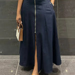 High Waisted Loose Solid Color Split-Front Zipper V-Neck Maxi Dresses