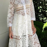 Solid Color Hollow Lace Lapel Button Long Shirt