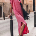 Pink Crew Neck Bat Sleeve Split Maxi T-shirt Dress