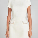 Exquisite and Playful Tweed Fabric Pearl Trim Short Sleeve Pocketed Mini Dress