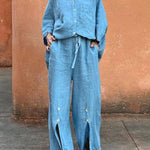 Loose Wide Leg Drawstring Solid Color Split-Front Split-Joint Pants Trousers