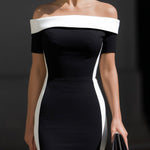 Chic Black & White Off-the-Shoulder Midi Dress With Contrast Panels