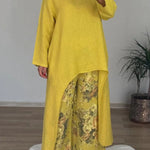 Linen Blend Crew Neck Long Sleeve Irregular Loose Top and Elastic Waist Floral Print Casual Pocket Set