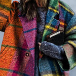 Loose Three-Quarter Sleeves Contrast Color Plaid Split-Joint Lapel Outerwear Windbreakers Woolen Coat