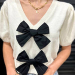 V-Neck Short-Sleeved Double Bow Solid Color Sweater