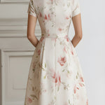 Floral Lapel Short Sleeve Midi Dress With Tailored Waist