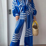 Casual Striped Print Patchwork V Neck Long Sleeve Two Pieces