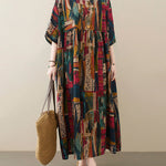 Vintage Loose Abstract Printed Pleated Round-Neck Half Sleeves Midi Dress