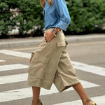 Loose Wide Leg Buttoned Pockets Solid Color Split-Joint Capri-Pants Cropped Trousers