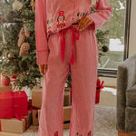 Nutcracker Charm Embroidered Gingham Loose Shirt and Elastic Waist Pajama Set