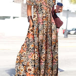 Ayden Plants Print Cold Shoulder Pocketed Flared Maxi Dress