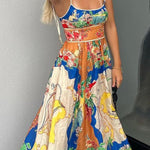 Unique Printed Lace-up Suspender Pockets Casual Resort Style Midi Dress