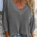 Fashionable Hollow V-neck Long-sleeved Casual Loose Knitted Top