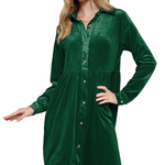 Green Long Sleeve Ruffle Velvet Button Up Shirt Dress