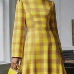 A-Line High Waisted Contrast Color Plaid High Neck Midi Dresses