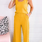 Yellow Crinkled U Neck Tank and Wide Leg Pants Set