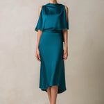 Teal Draped Cape-Sleeve Midi Dress