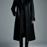 Women Fur Trim Warm Lined Hooded Eco Leather Trench Coat