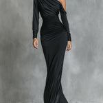 Women's Black Elegant Satin One - Shoulder Ruched Mermaid Maxi Dress
