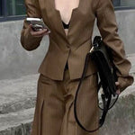 Long Sleeves Loose Buttoned Split-Joint Striped V-Neck Blazer Outerwear