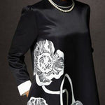 A-Line Long Sleeves Contrast Color Floral Printed Split-Joint High Neck Midi Dresses