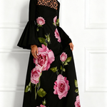 Flared Sleeves Long Sleeves Contrast Color Flower Print Hollow Print Split-Joint Round-Neck Maxi Dresses