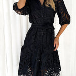 Solid Color Lace Cutout Balloon Sleeves and Waist Tie Mini Dress