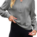 Waffle zipper V-neck pullover long-sleeved sweater