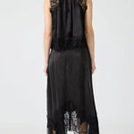 Modern Muse Satin Lace Trim Pleated Neck Top and A-line Irregular Slit Skirt Set