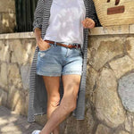 Black and White Striped Print Open Front Long Cardigan