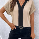 Loose Short Sleeves Contrast Color V-Neck T-Shirts Tops