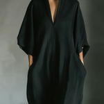 Women's Black Cotton Blend Fabric Oversized Kimono-Sleeve Maxi Dress With Pockets