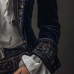 Vintage Navy Polyester Velvet Embroidered Long Jacket