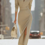 Stand Collar Waist And Slit Dress