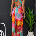V Neck Sleeveless Tie Back Slit Floral Print Maxi Dress