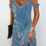 A-Line High Waisted Flower Print Hollow Cold Shoulder Mini Dresses