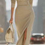 Stand Collar Waist And Slit Dress
